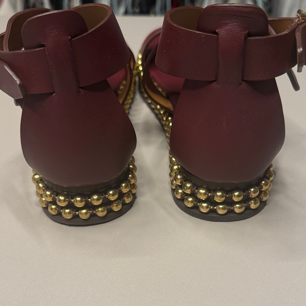 Chloé Burgundy Crisscross Leather Platform Sandals with Gold Bead Trim - Picture 6 of 12